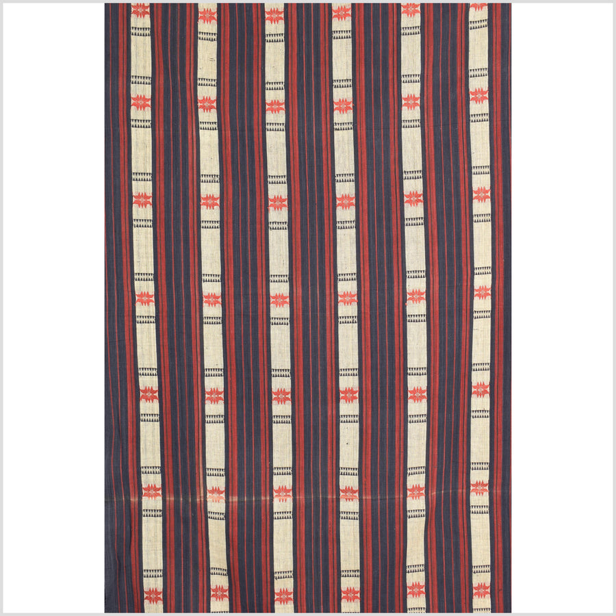 Vintage big tribal home decor ethnic Naga blanket, geometric stripe, red, beige, indigo, handwoven cotton throw boho Thailand Burma India tapestry II58