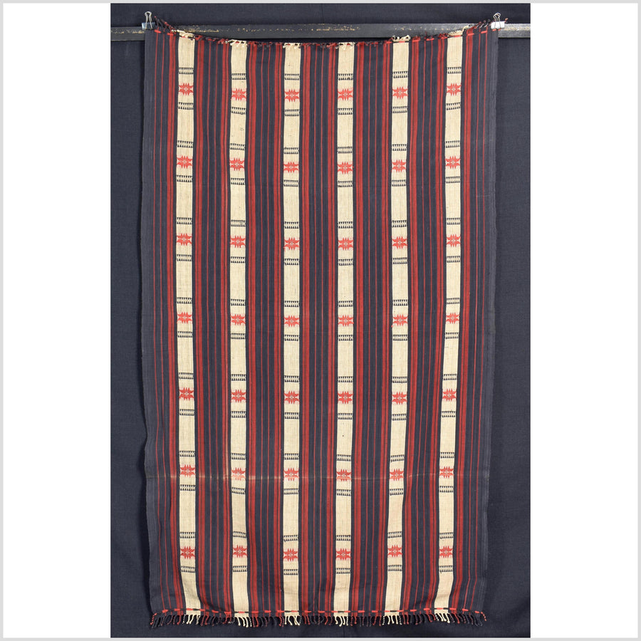 Vintage big tribal home decor ethnic Naga blanket, geometric stripe, red, beige, indigo, handwoven cotton throw boho Thailand Burma India tapestry II58