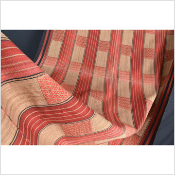 Vintage patina tribal home decor ethnic Naga blanket, geometric stripe, orange, gold, indigo, handwoven cotton throw boho Thailand Burma India tapestry II59