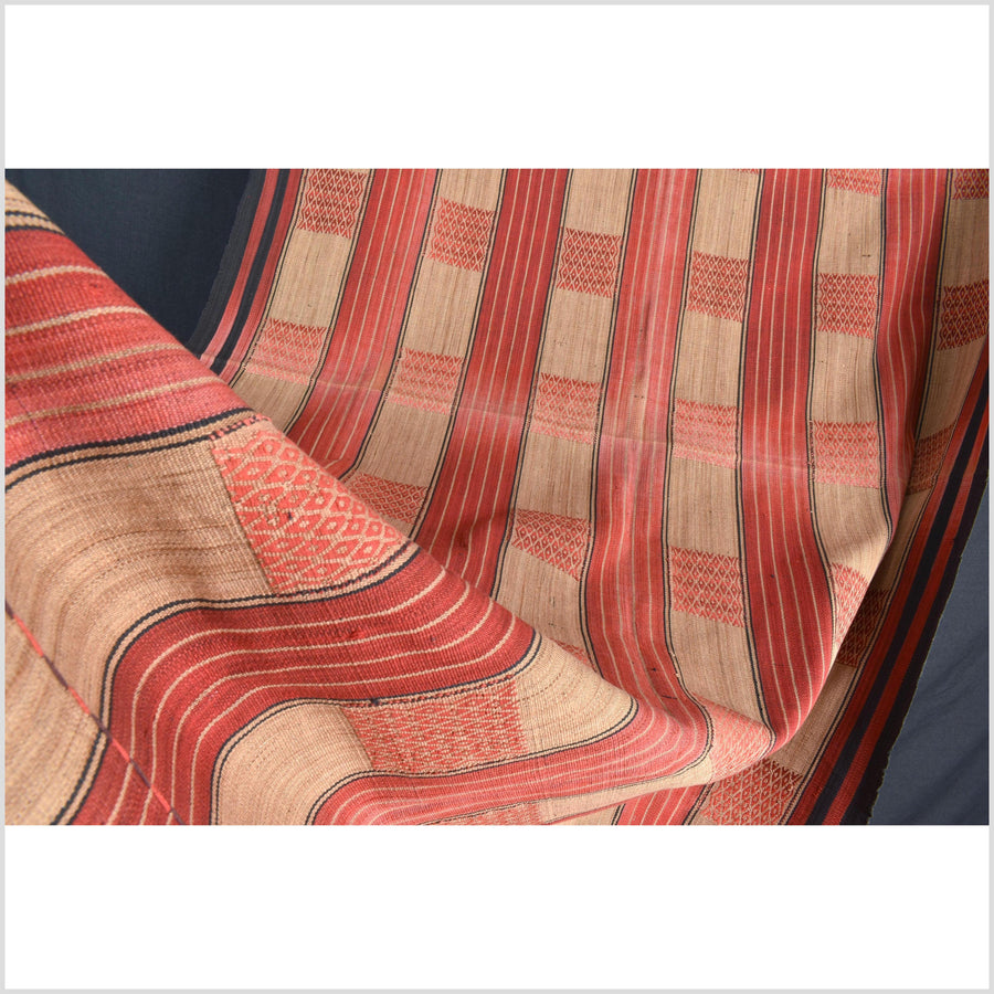 Vintage patina tribal home decor ethnic Naga blanket, geometric stripe, orange, gold, indigo, handwoven cotton throw boho Thailand Burma India tapestry II59
