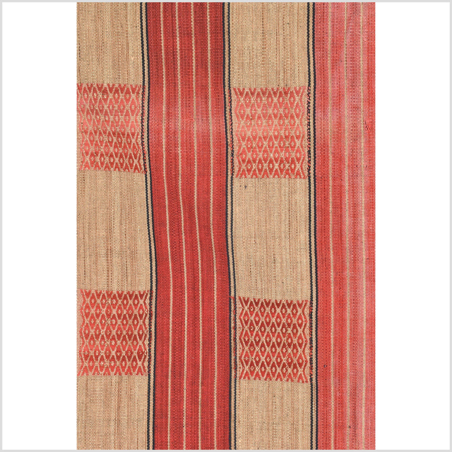 Vintage patina tribal home decor ethnic Naga blanket, geometric stripe, orange, gold, indigo, handwoven cotton throw boho Thailand Burma India tapestry II59
