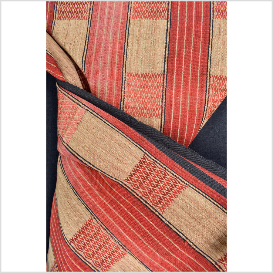 Vintage patina tribal home decor ethnic Naga blanket, geometric stripe, orange, gold, indigo, handwoven cotton throw boho Thailand Burma India tapestry II59
