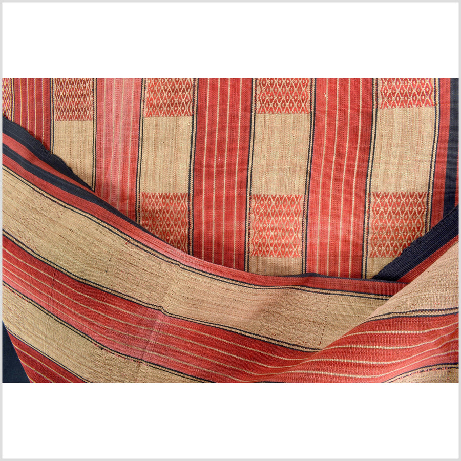 Vintage patina tribal home decor ethnic Naga blanket, geometric stripe, orange, gold, indigo, handwoven cotton throw boho Thailand Burma India tapestry II59