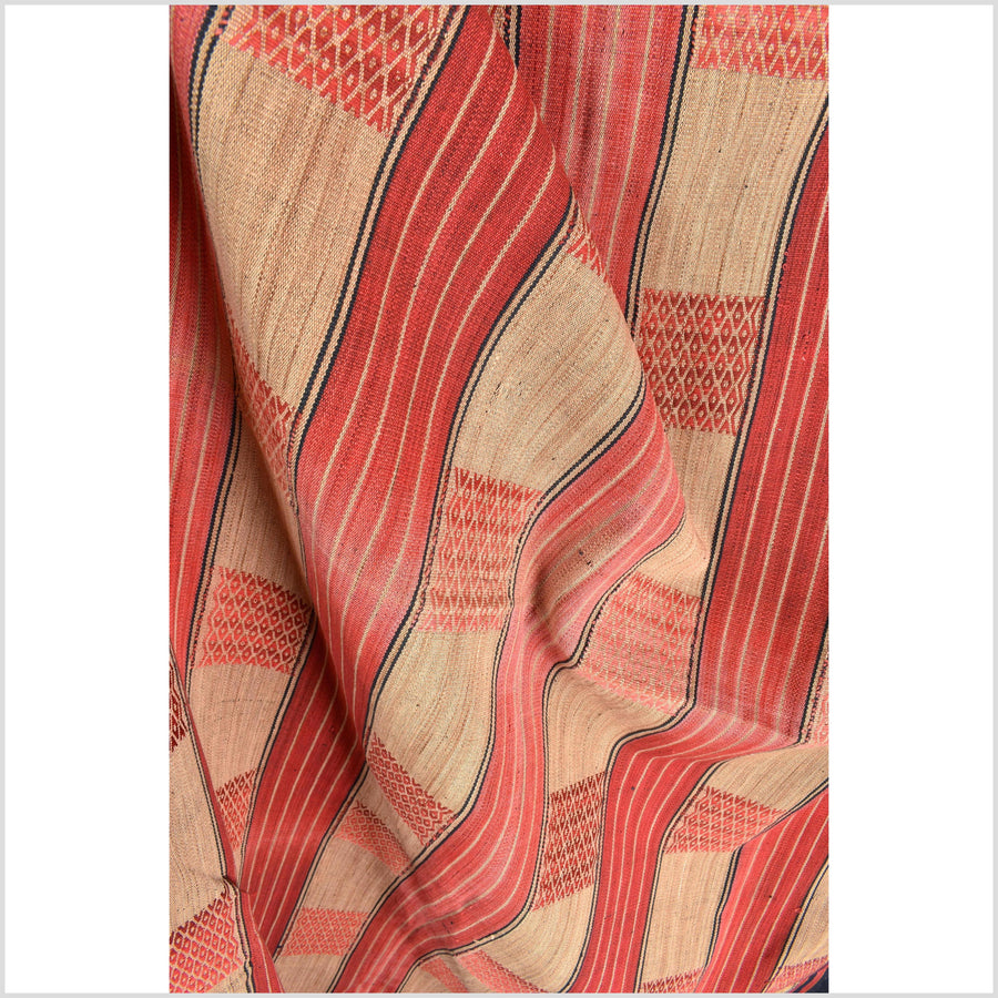 Vintage patina tribal home decor ethnic Naga blanket, geometric stripe, orange, gold, indigo, handwoven cotton throw boho Thailand Burma India tapestry II59