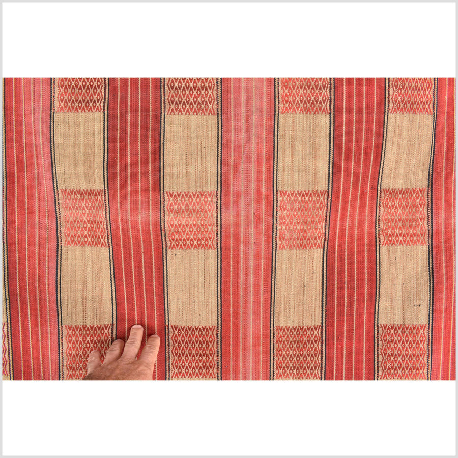 Vintage patina tribal home decor ethnic Naga blanket, geometric stripe, orange, gold, indigo, handwoven cotton throw boho Thailand Burma India tapestry II59