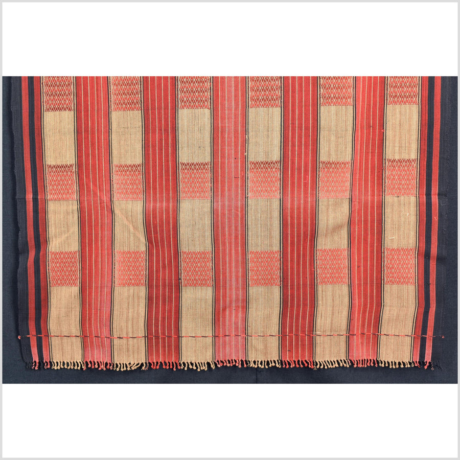 Vintage patina tribal home decor ethnic Naga blanket, geometric stripe, orange, gold, indigo, handwoven cotton throw boho Thailand Burma India tapestry II59