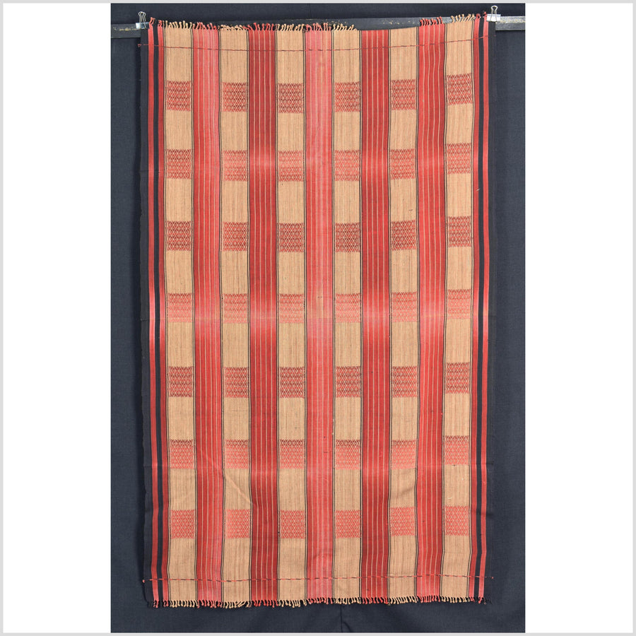 Vintage patina tribal home decor ethnic Naga blanket, geometric stripe, orange, gold, indigo, handwoven cotton throw boho Thailand Burma India tapestry II59