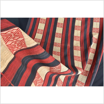 Vintage giant tribal home decor ethnic Naga blanket, geometric stripe, beige, red, indigo, handwoven cotton throw boho Thailand Burma India tapestry II60