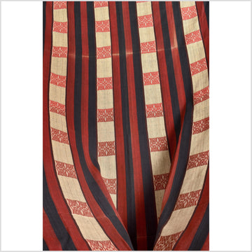 Vintage big tribal home decor ethnic Naga blanket, geometric stripe, beige, red, indigo, handwoven cotton throw boho Thailand Burma India tapestry II61