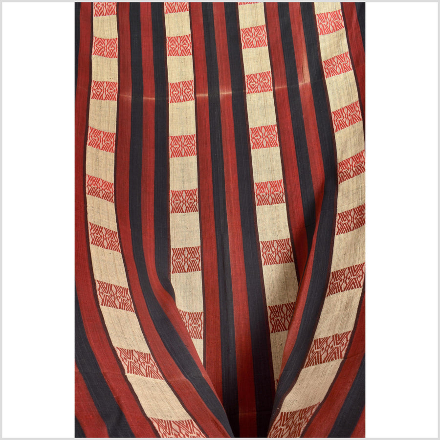 Vintage big tribal home decor ethnic Naga blanket, geometric stripe, beige, red, indigo, handwoven cotton throw boho Thailand Burma India tapestry II61