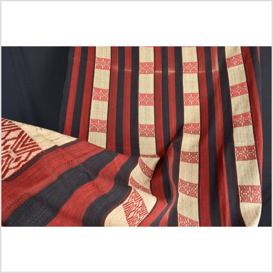 Vintage big tribal home decor ethnic Naga blanket, geometric stripe, beige, red, indigo, handwoven cotton throw boho Thailand Burma India tapestry II61