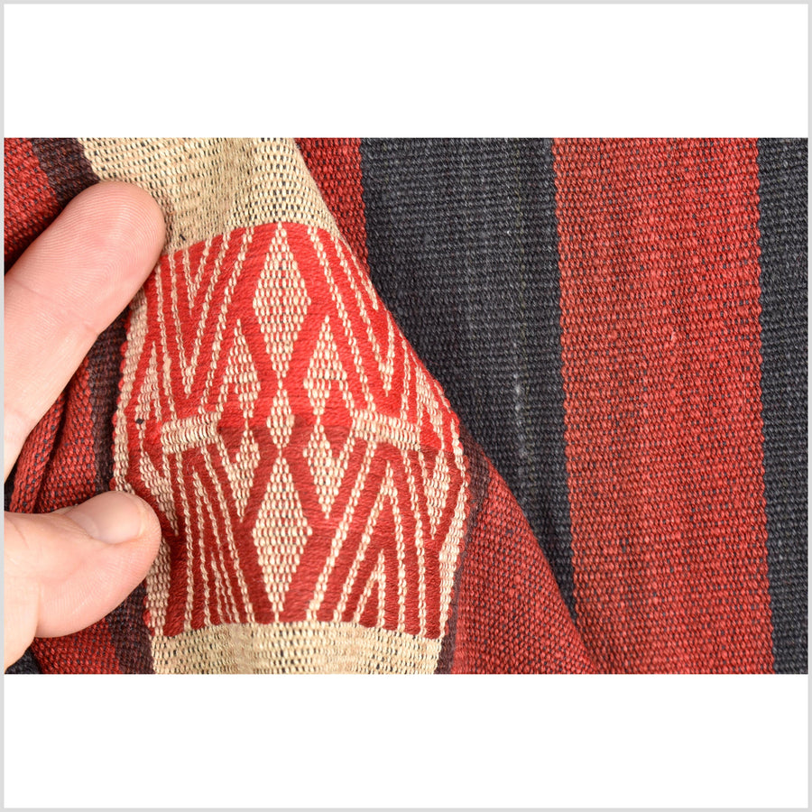 Vintage big tribal home decor ethnic Naga blanket, geometric stripe, beige, red, indigo, handwoven cotton throw boho Thailand Burma India tapestry II61