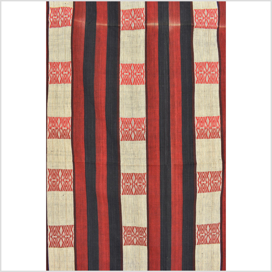 Vintage big tribal home decor ethnic Naga blanket, geometric stripe, beige, red, indigo, handwoven cotton throw boho Thailand Burma India tapestry II61