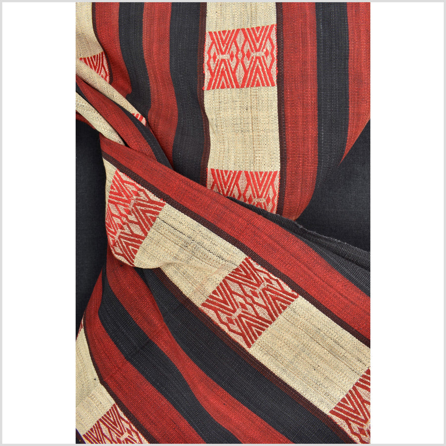 Vintage big tribal home decor ethnic Naga blanket, geometric stripe, beige, red, indigo, handwoven cotton throw boho Thailand Burma India tapestry II61