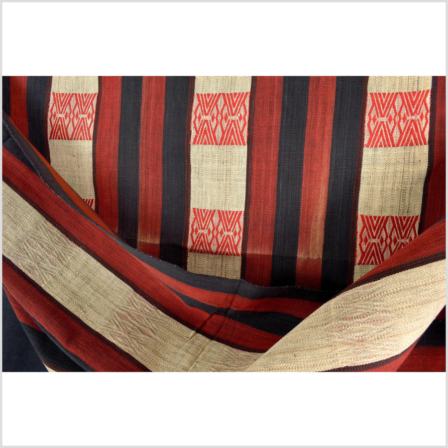 Vintage big tribal home decor ethnic Naga blanket, geometric stripe, beige, red, indigo, handwoven cotton throw boho Thailand Burma India tapestry II61