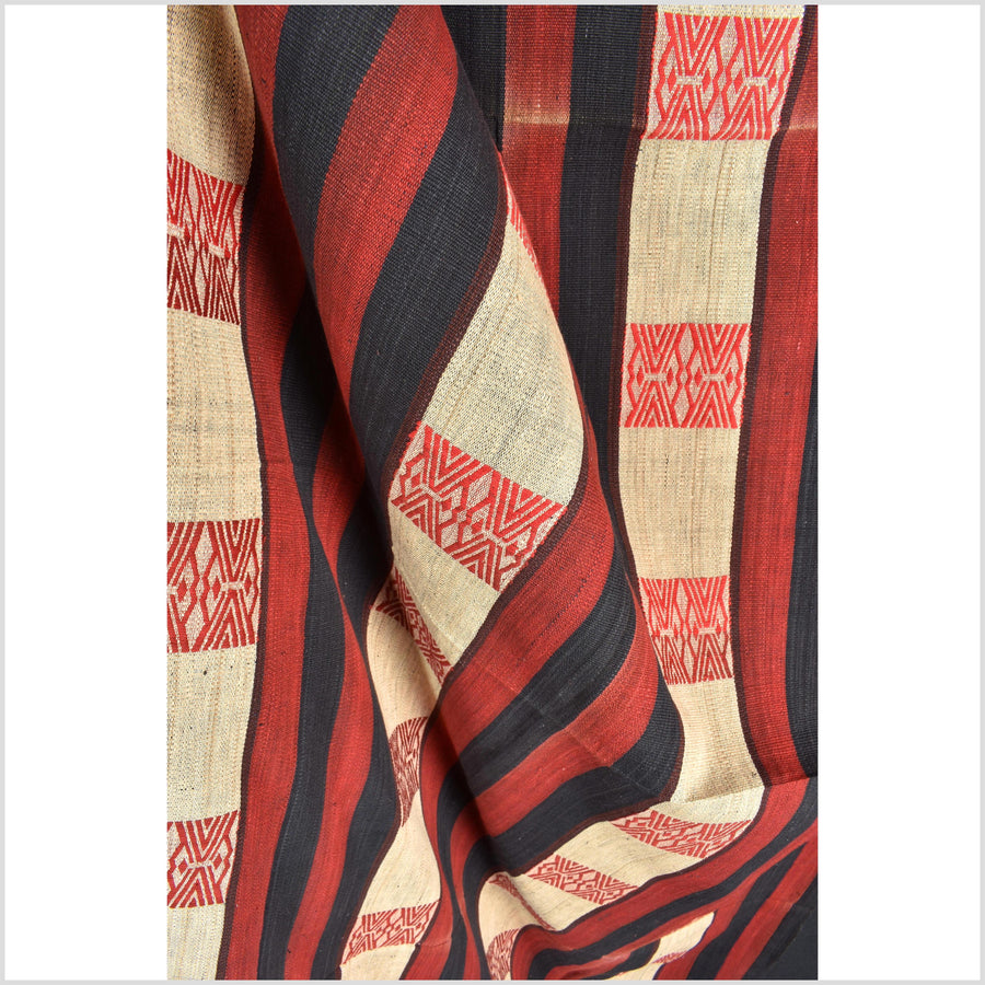 Vintage big tribal home decor ethnic Naga blanket, geometric stripe, beige, red, indigo, handwoven cotton throw boho Thailand Burma India tapestry II61