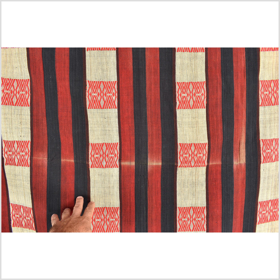 Vintage big tribal home decor ethnic Naga blanket, geometric stripe, beige, red, indigo, handwoven cotton throw boho Thailand Burma India tapestry II61