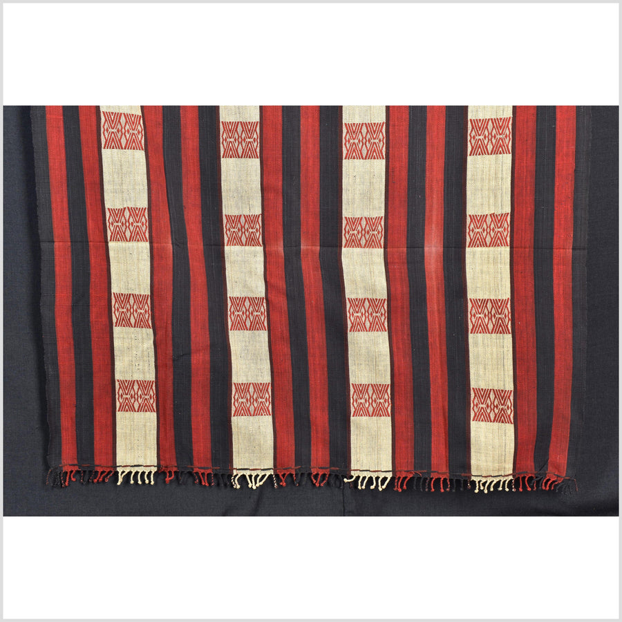 Vintage big tribal home decor ethnic Naga blanket, geometric stripe, beige, red, indigo, handwoven cotton throw boho Thailand Burma India tapestry II61
