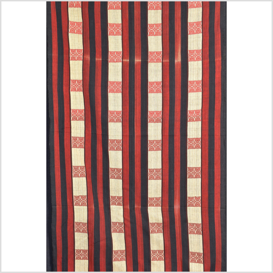 Vintage big tribal home decor ethnic Naga blanket, geometric stripe, beige, red, indigo, handwoven cotton throw boho Thailand Burma India tapestry II61