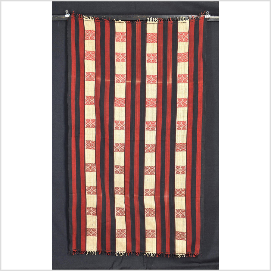 Vintage big tribal home decor ethnic Naga blanket, geometric stripe, beige, red, indigo, handwoven cotton throw boho Thailand Burma India tapestry II61