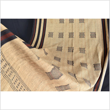 Vintage tribal home decor, spartan Naga blanket, beige, indigo blue, maroon, handwoven cotton throw boho Thailand Burma India tapestry II65