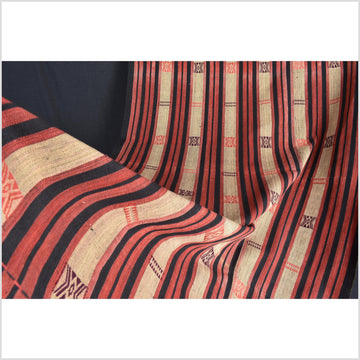 Vintage patina tribal home decor ethnic Naga blanket, geometric stripe, red, purple, beige, black, handwoven cotton throw boho Thailand Burma India tapestry II67