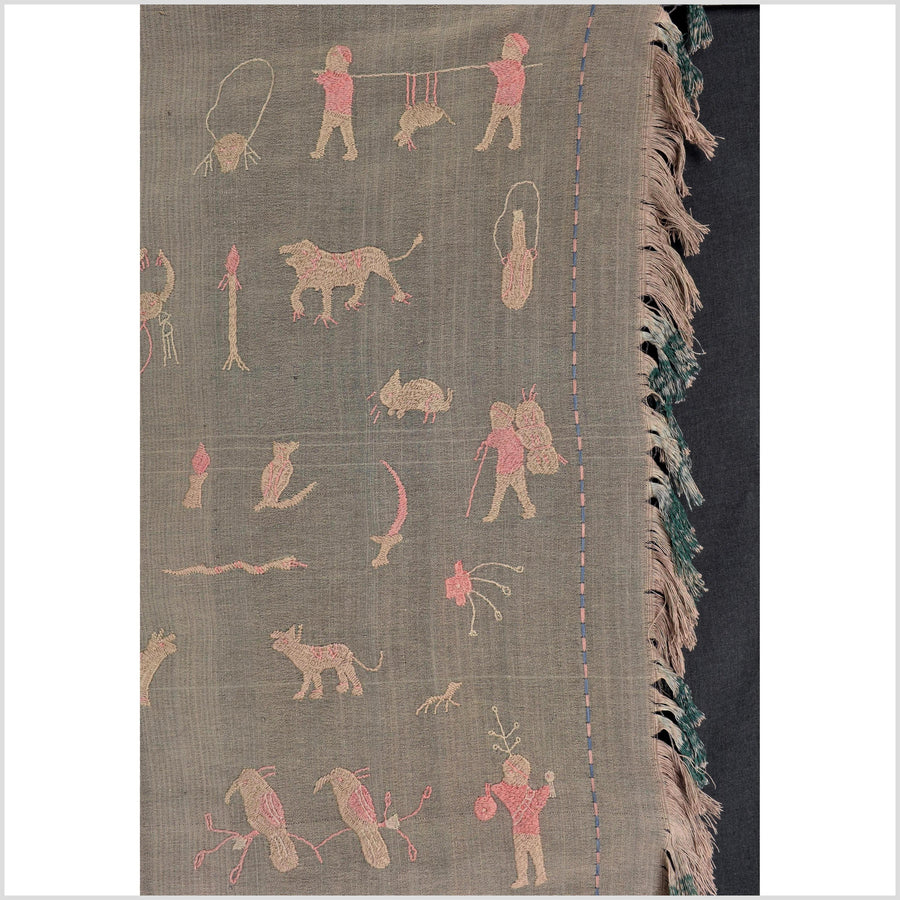 Brown and blush cotton story quilt Naga tribal textile ethnic embroidered boho fabric Burma hill tribe tapestry Thailand India Hmong II68