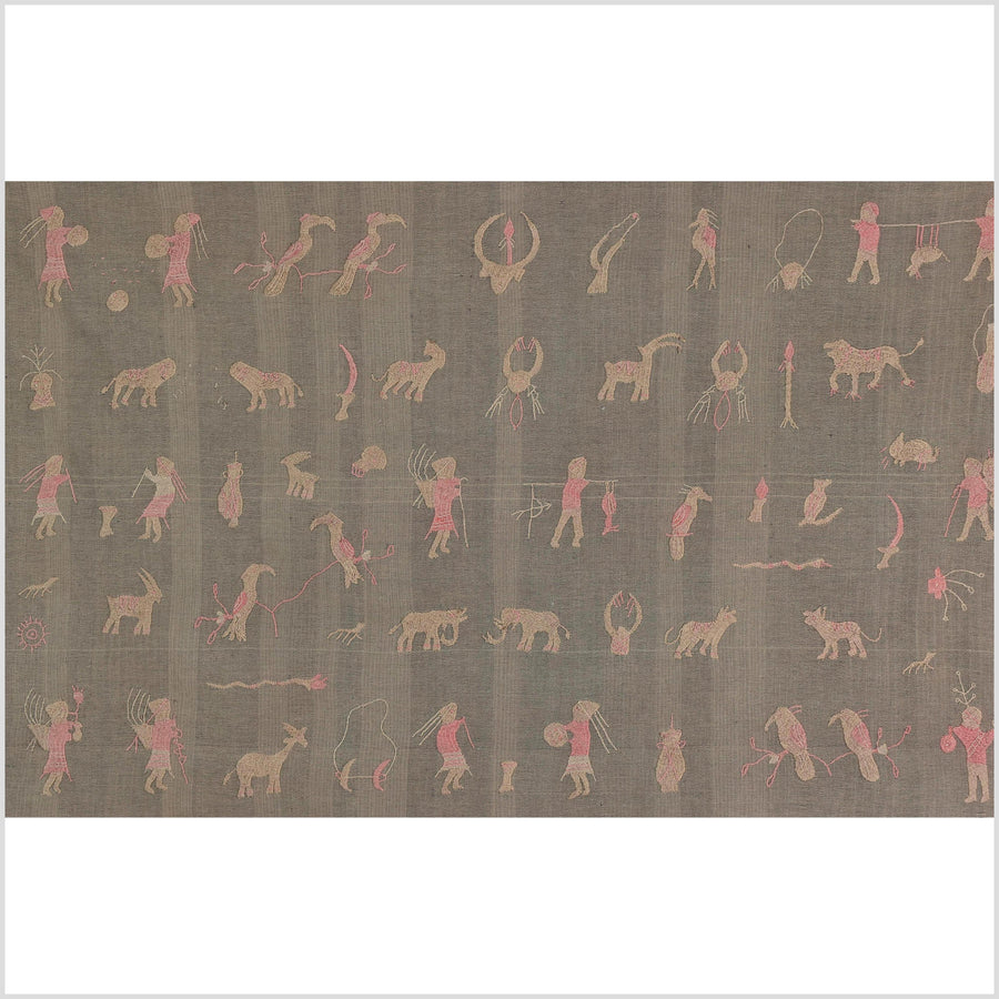 Brown and blush cotton story quilt Naga tribal textile ethnic embroidered boho fabric Burma hill tribe tapestry Thailand India Hmong II68