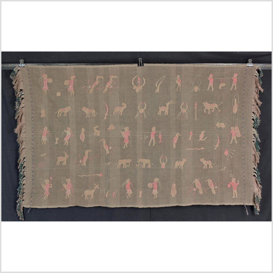 Brown and blush cotton story quilt Naga tribal textile ethnic embroidered boho fabric Burma hill tribe tapestry Thailand India Hmong II68