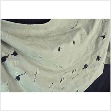 Celadon cotton story quilt Naga tribal textile ethnic embroidered boho fabric Burma hill tribe tapestry Thailand India Hmong II6