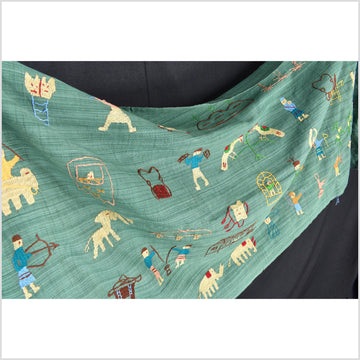 Mint green cotton story quilt Naga tribal textile ethnic embroidered boho fabric Burma hill tribe tapestry Thailand India Hmong II70