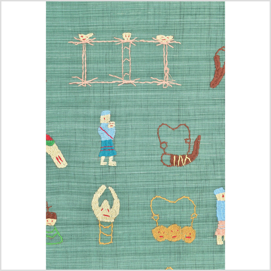 Mint green cotton story quilt Naga tribal textile ethnic embroidered boho fabric Burma hill tribe tapestry Thailand India Hmong II70