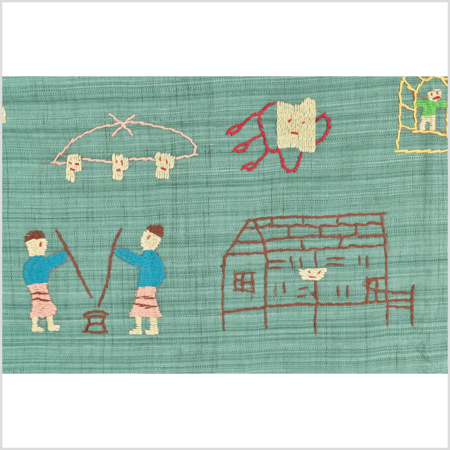 Mint green cotton story quilt Naga tribal textile ethnic embroidered boho fabric Burma hill tribe tapestry Thailand India Hmong II70