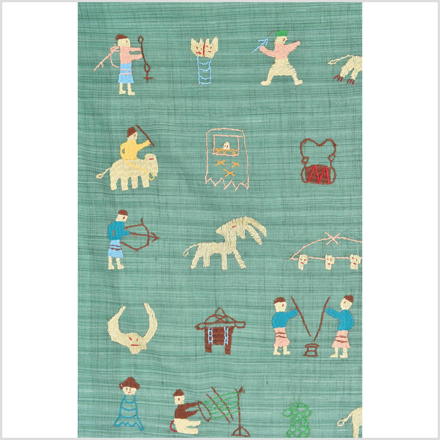 Mint green cotton story quilt Naga tribal textile ethnic embroidered boho fabric Burma hill tribe tapestry Thailand India Hmong II70
