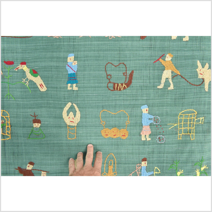 Mint green cotton story quilt Naga tribal textile ethnic embroidered boho fabric Burma hill tribe tapestry Thailand India Hmong II70
