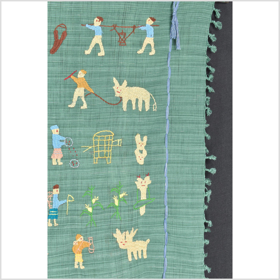 Mint green cotton story quilt Naga tribal textile ethnic embroidered boho fabric Burma hill tribe tapestry Thailand India Hmong II70