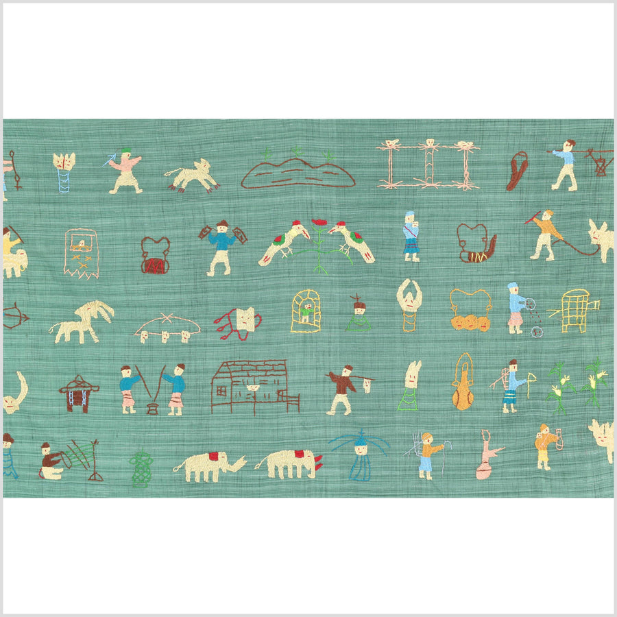 Mint green cotton story quilt Naga tribal textile ethnic embroidered boho fabric Burma hill tribe tapestry Thailand India Hmong II70
