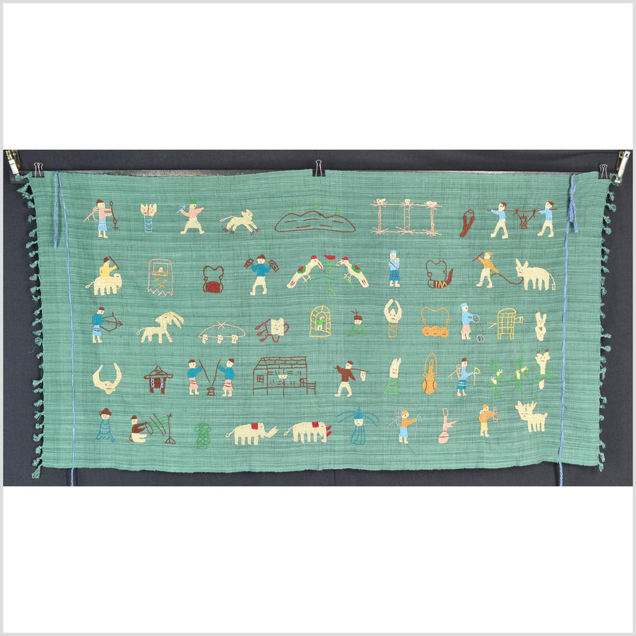 Mint green cotton story quilt Naga tribal textile ethnic embroidered boho fabric Burma hill tribe tapestry Thailand India Hmong II70