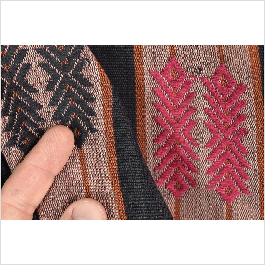 Vintage patina tribal home decor ethnic Naga blanket, geometric stripe, handwoven cotton throw boho Thailand Burma India tapestry II71