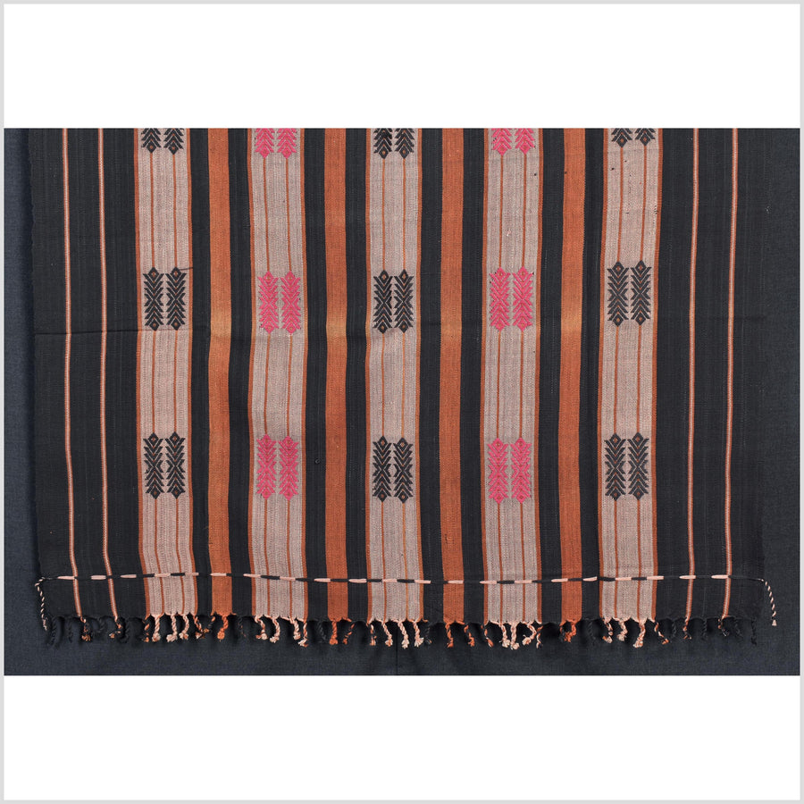 Vintage patina tribal home decor ethnic Naga blanket, geometric stripe, handwoven cotton throw boho Thailand Burma India tapestry II71