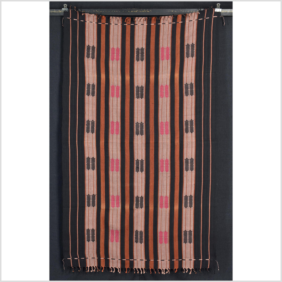 Vintage patina tribal home decor ethnic Naga blanket, geometric stripe, handwoven cotton throw boho Thailand Burma India tapestry II71