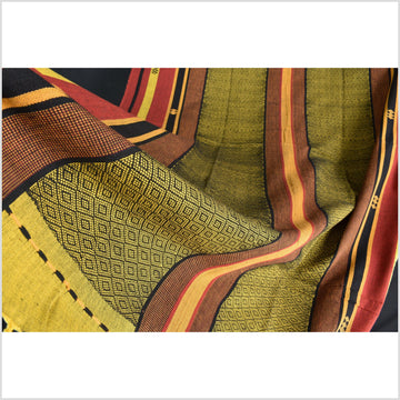 Vintage tribal home decor ethnic Naga blanket, gold, black, brick red, orange, handwoven cotton throw boho Thailand Burma India tapestry II74