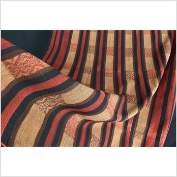 Vintage patina tribal home decor ethnic Naga blanket, geometric stripe, brown, tan, black, red, handwoven cotton throw boho Thailand Burma India tapestry II76