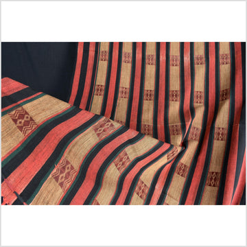 Vintage patina tribal home decor ethnic Naga blanket, geometric stripe, handwoven cotton throw boho Thailand Burma India tapestry II78