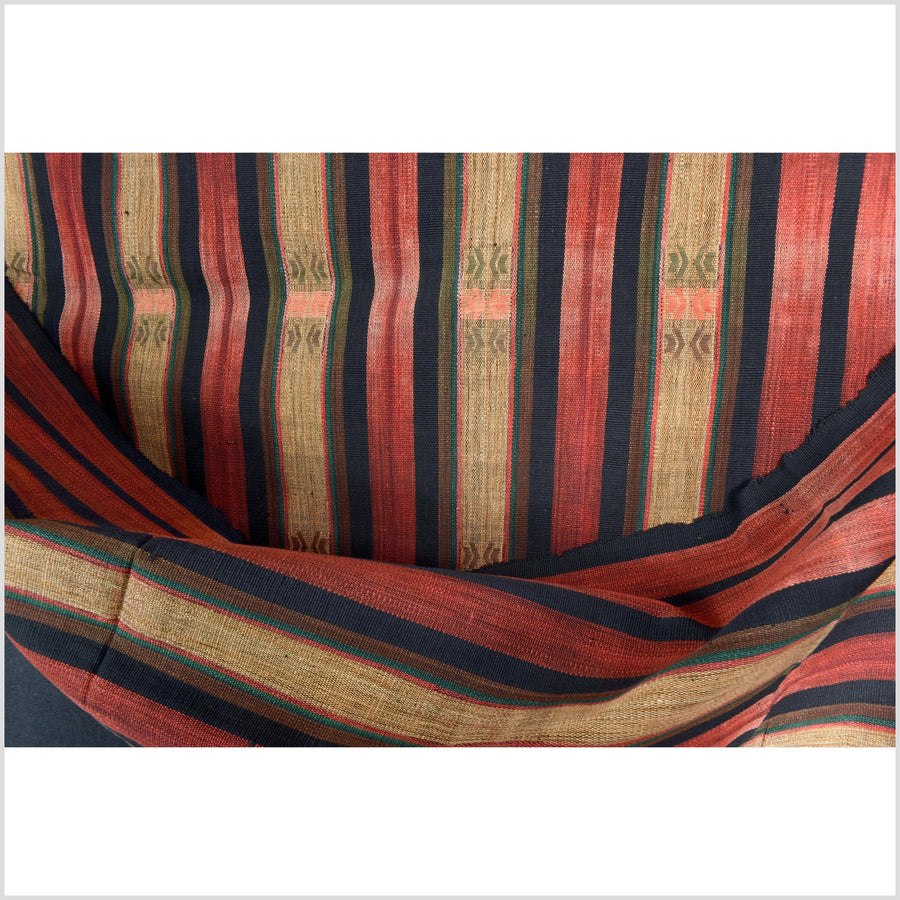 Vintage patina tribal home decor ethnic Naga blanket, geometric stripe, handwoven cotton throw boho Thailand Burma India tapestry II80