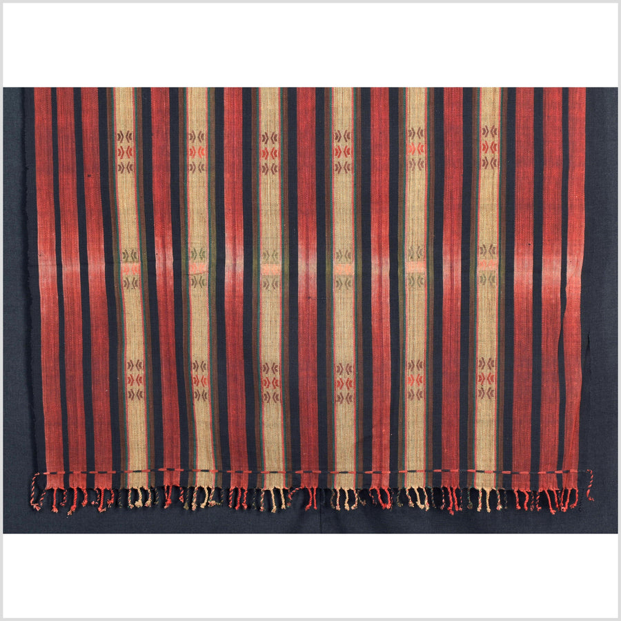 Vintage patina tribal home decor ethnic Naga blanket, geometric stripe, handwoven cotton throw boho Thailand Burma India tapestry II80