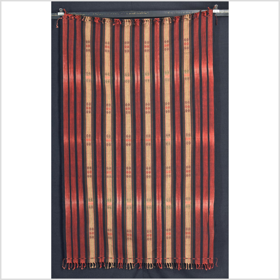 Vintage patina tribal home decor ethnic Naga blanket, geometric stripe, handwoven cotton throw boho Thailand Burma India tapestry II80