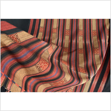 Vintage patina tribal home decor ethnic Naga blanket, geometric stripe, handwoven cotton throw boho Thailand Burma India tapestry II83