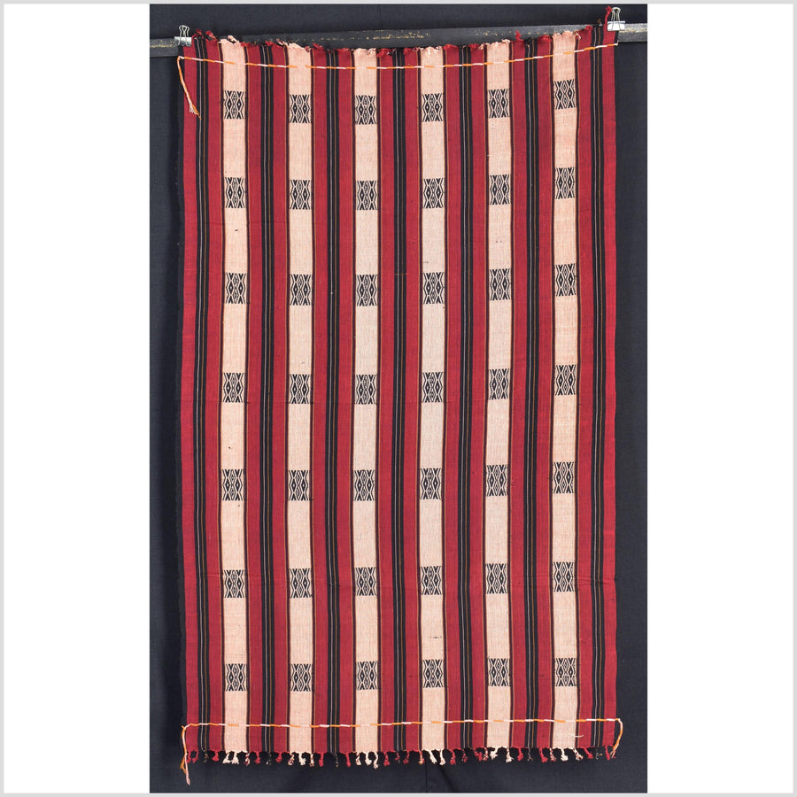 Vintage tribal home decor ethnic Naga blanket, geometric stripe, handwoven cotton throw boho Thailand Burma India tapestry II92