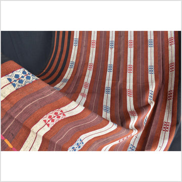 Vintage patina tribal home decor ethnic Naga blanket, geometric stripe, handwoven cotton throw boho Thailand Burma India tapestry II93